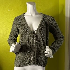 Say what? Green Knitted Longsleeve Sweater with Front Corset Tie